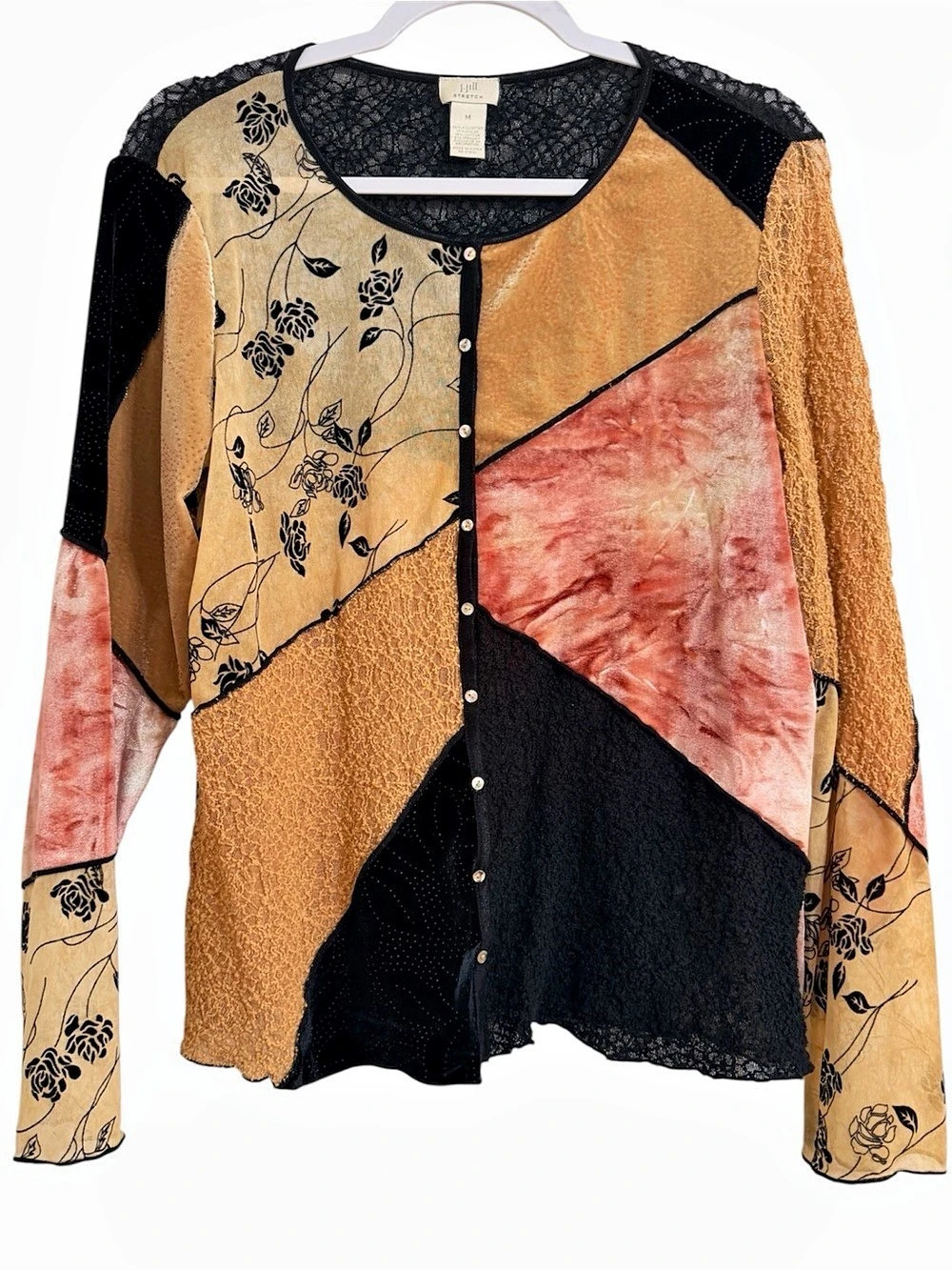 J Jill Vintage Color Block Long Sleeve Cardigan Mixed Media Size Medium